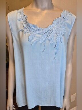 Grand & Greene Light Blue Sleeveless Top with Woven Appligue